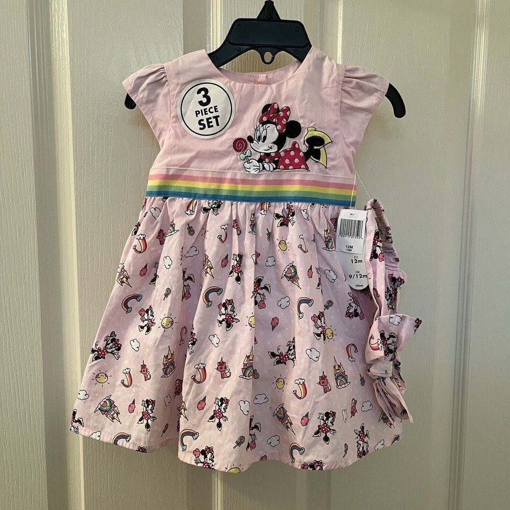 Disney Parks Minnie Mouse Rainbow 3-Piece Dress Set Pink Girl Size 12 Months NWT